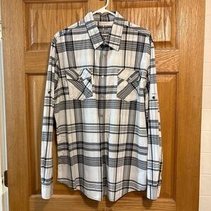 Mossimo Supply Co Long-Sleeve Plaid Shirt Roll Tabs White Pearl Snaps Men’s XL